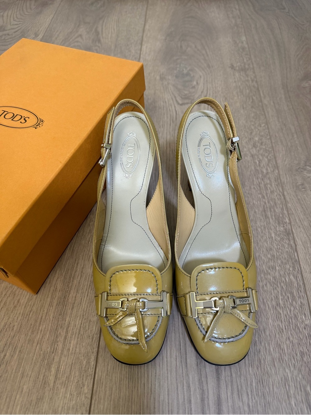 TOD’S Patent Leather Slingback Heels, 3.5-inch heel,